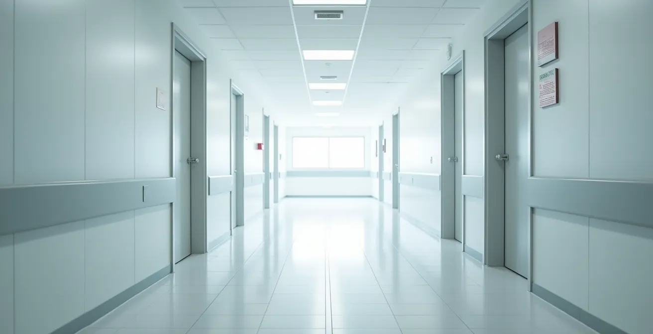 Vue architecturale d'un couloir hospitalier montrant la séparation des services